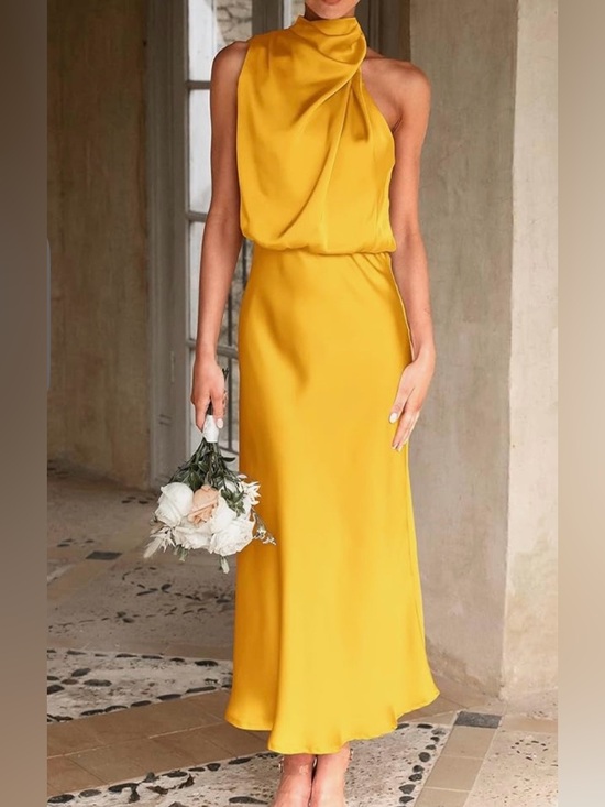PrettyGarden Dresses & Skirts - Pretty Garden Satin Halter Neck Maxi Dress in Mustard Yellow L